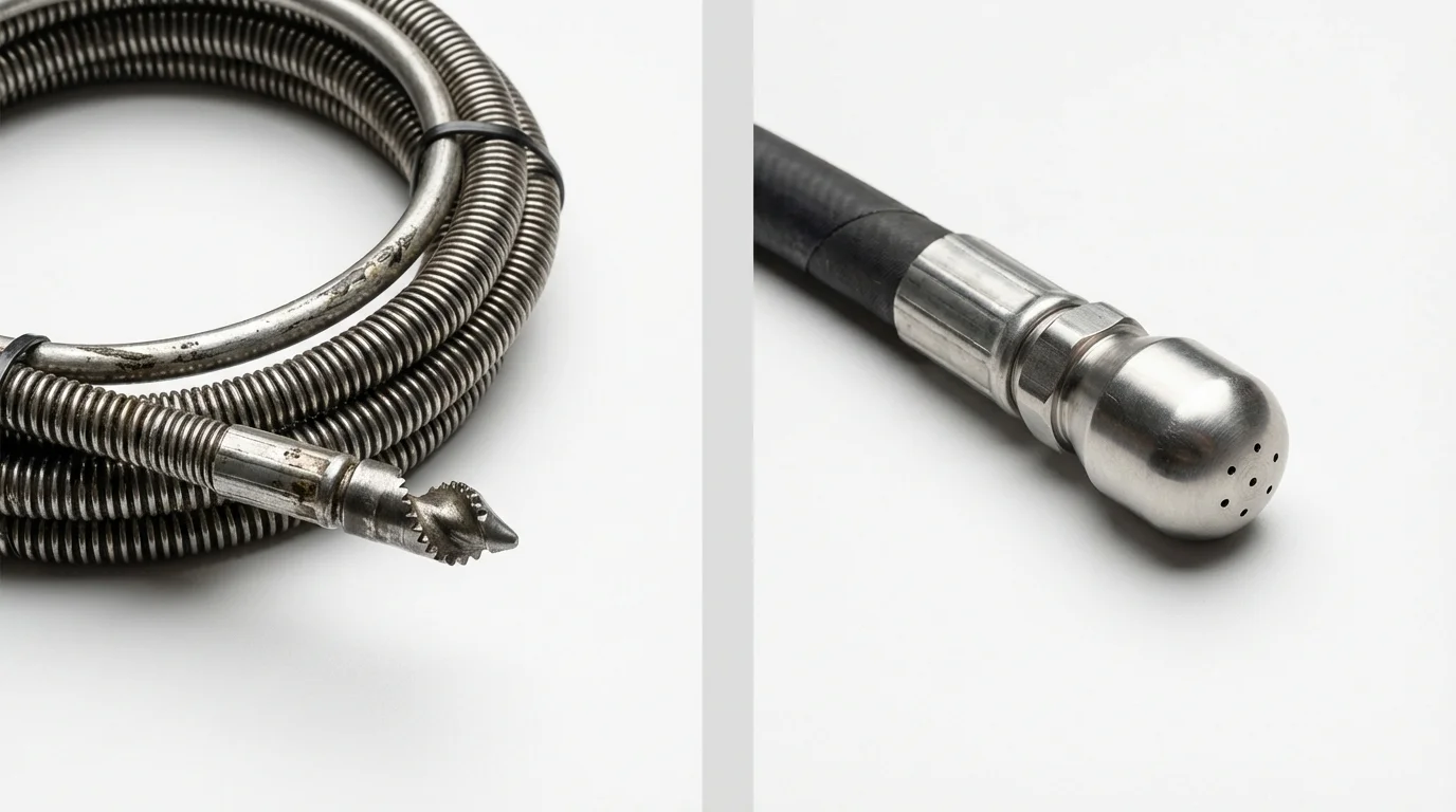 Drain snake cable and hydro jetting nozzle used for drain cleaning in Dover, MA