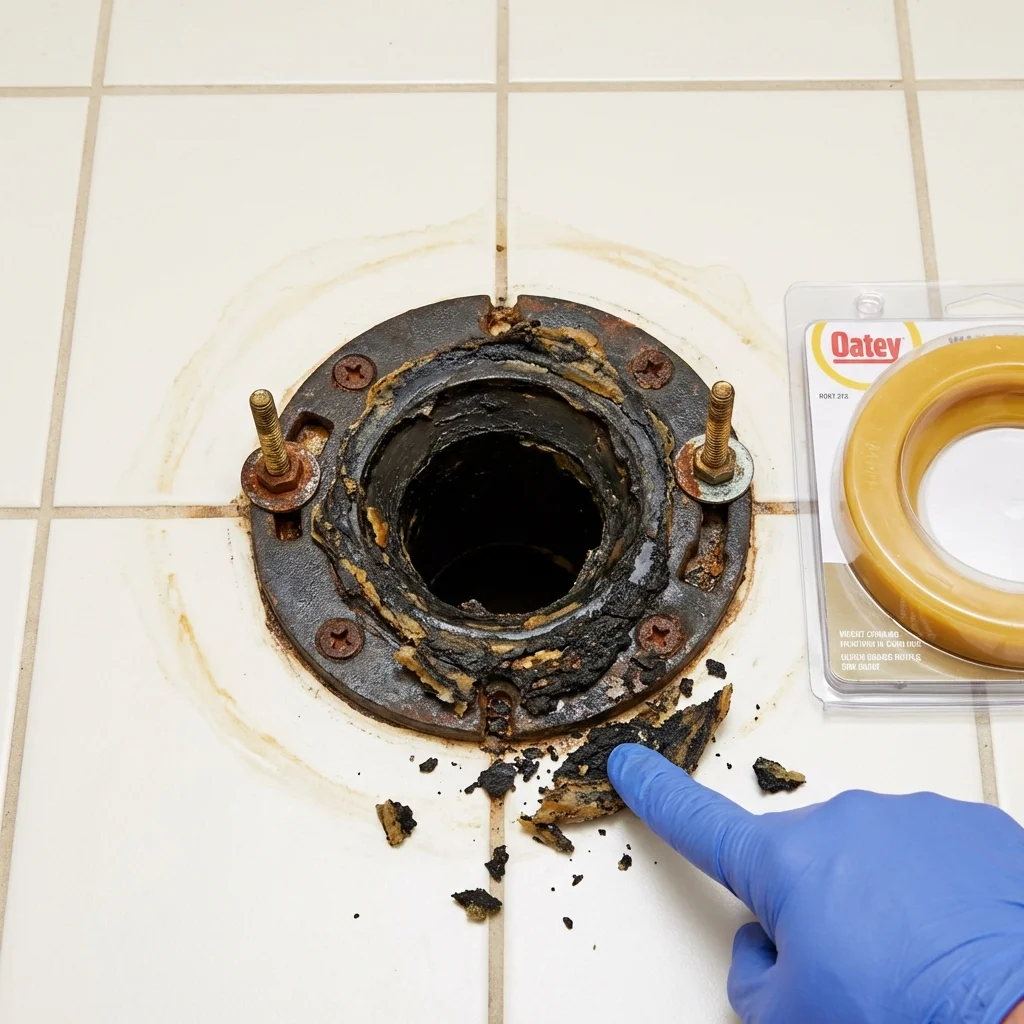 Failed wax ring showing water seepage at the base of a toilet in a Dover, MA home
