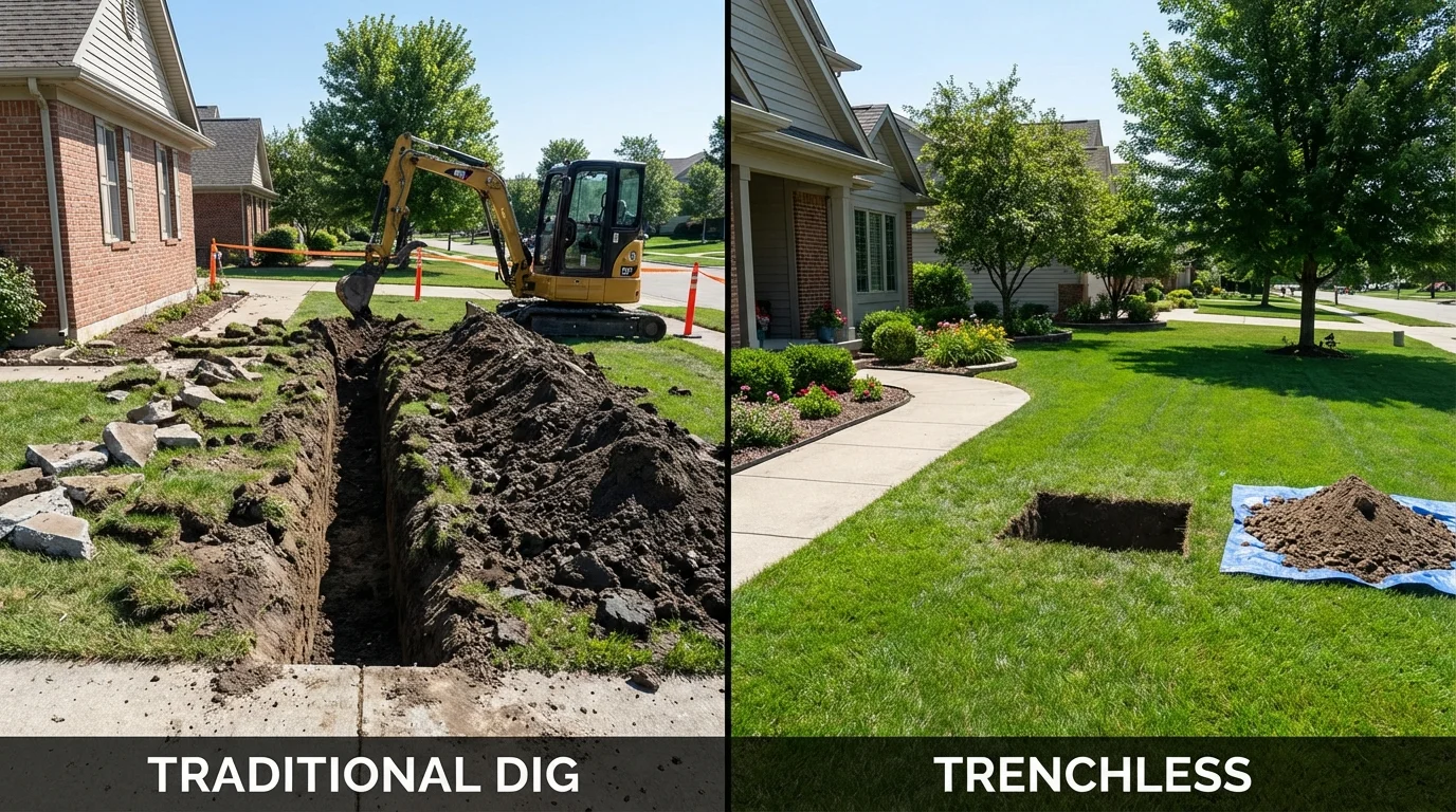 Trenchless sewer repair with minimal yard damage versus traditional excavation in Dover, MA